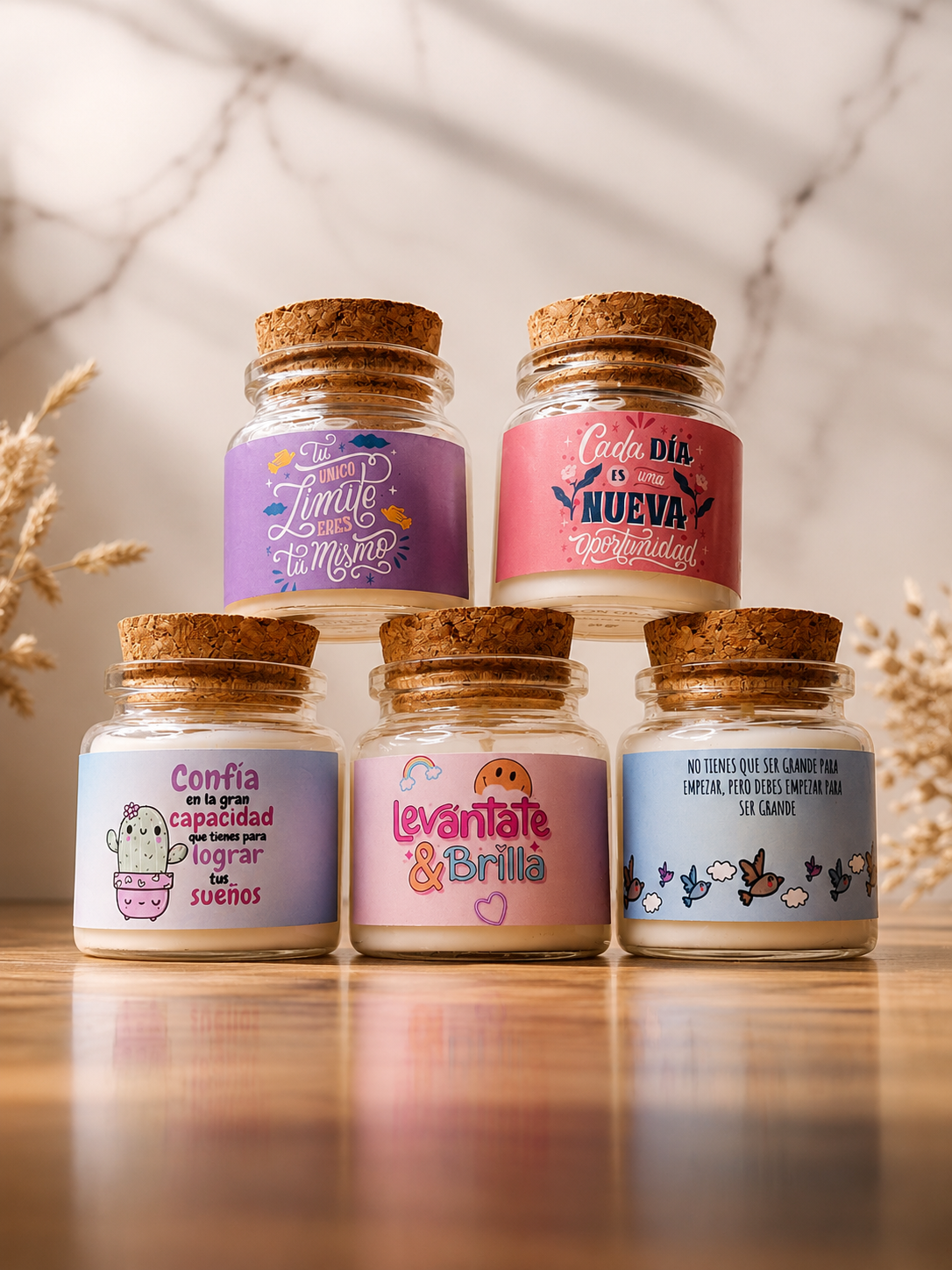 Colección de velas con frases motivacionales